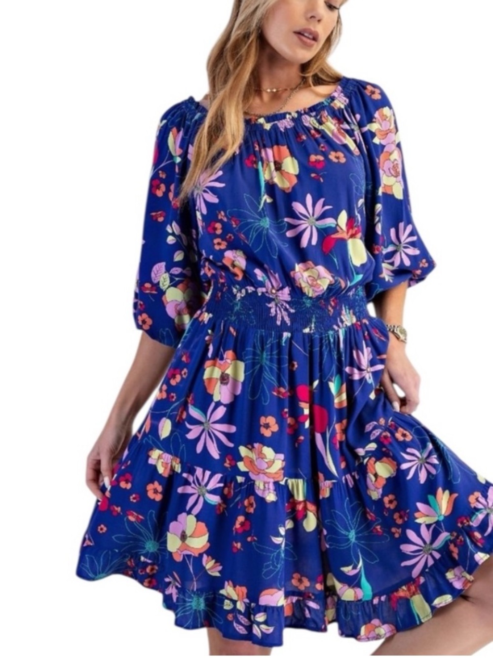 NWT! Easel Bohemian Inspired Bright Floral Smocked Waist Tiered Dress Size S